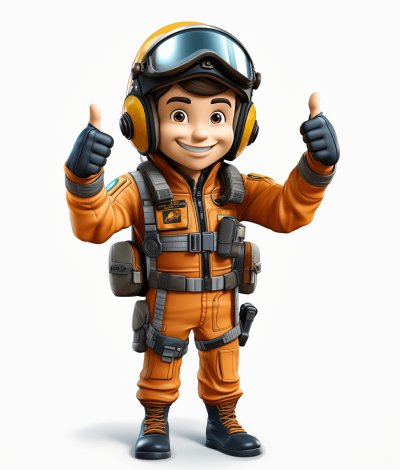 An cartoon character of an orange airplane pilot with a black helmet and goggles, giving a thumbs up pose. The pilot is wearing a full jet flying suit, on a white background, 3d render, in the style of Pixar.