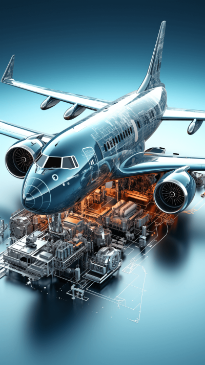 3D rendering of an airplane with its engine and parts inside it, showcasing the complex engineering design of commercial airplanes. The background is a light blue gradient, creating a sense of technology and innovation. In front of the plane stands a modern architecture blueprint style illustration, showing various components such as engines, wings, and fuselage in detail. A white line on top captures a three-dimensional effect, adding depth to the overall composition.