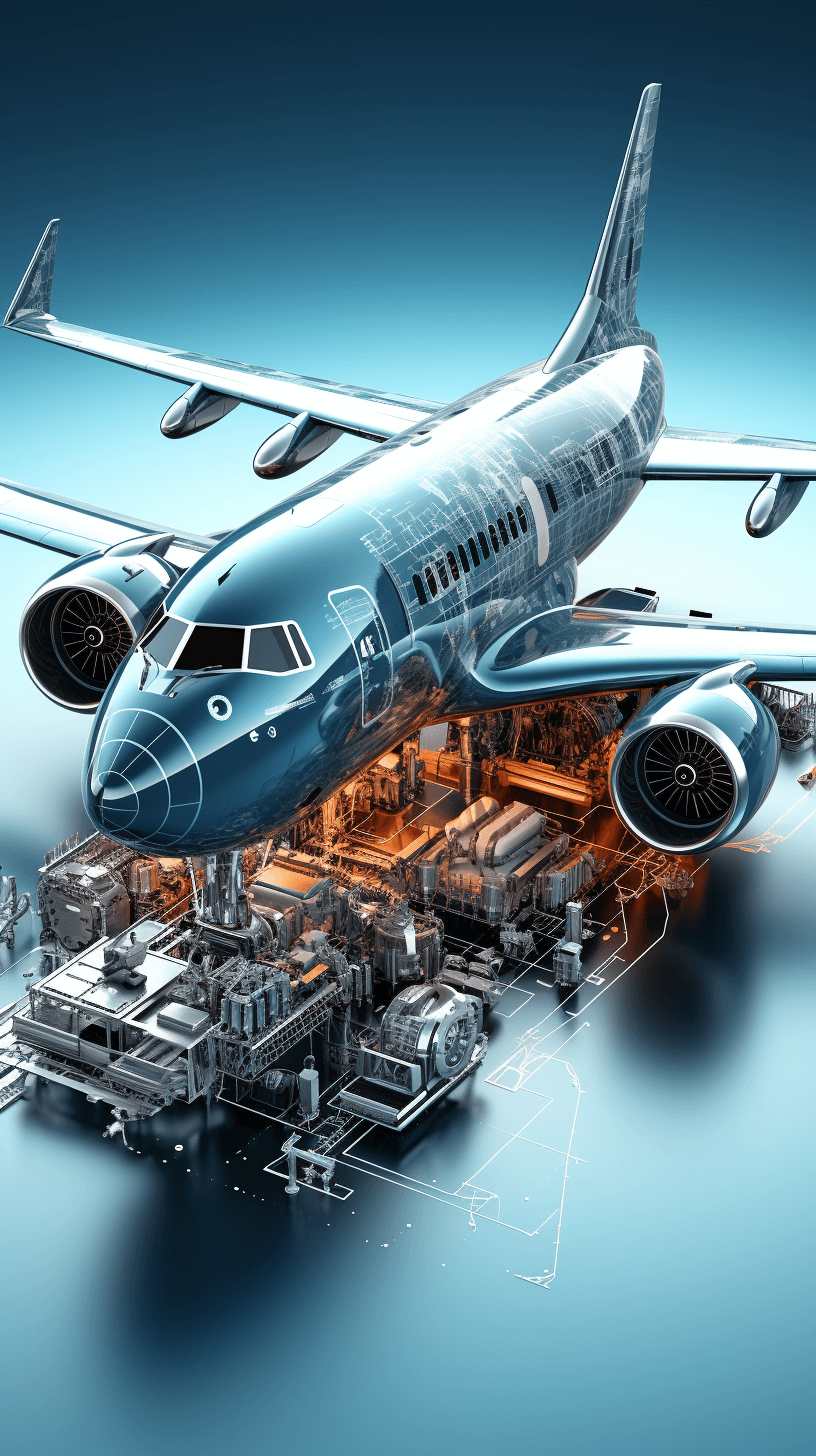 3D rendering of an airplane with its engine and parts inside it, showcasing the complex engineering design of commercial airplanes. The background is a light blue gradient, creating a sense of technology and innovation. In front of the plane stands a modern architecture blueprint style illustration, showing various components such as engines, wings, and fuselage in detail. A white line on top captures a three-dimensional effect, adding depth to the overall composition.