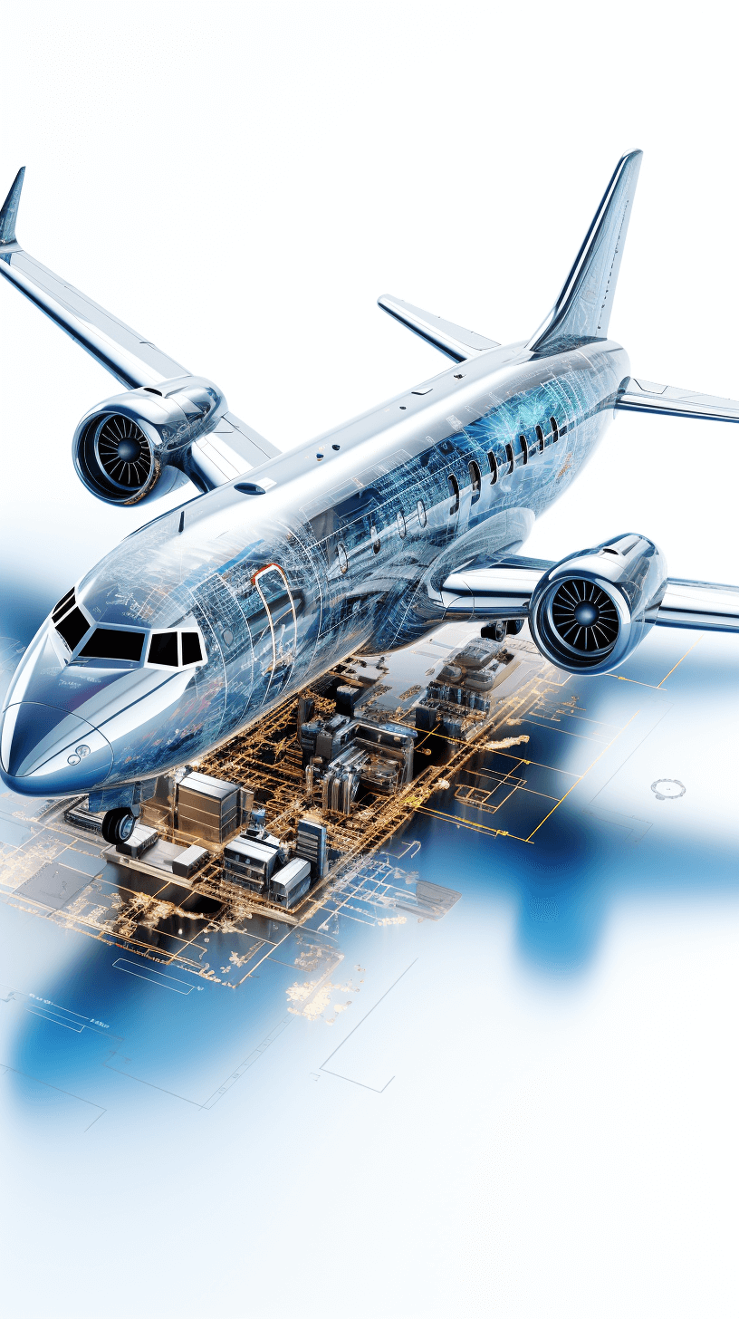 A digital rendering of an airplane with intricate details and engineering blueprints, symbolizing the technology behind air travel. The background is white to highlight the plane in clear focus. A banner area can be used for text or branding.