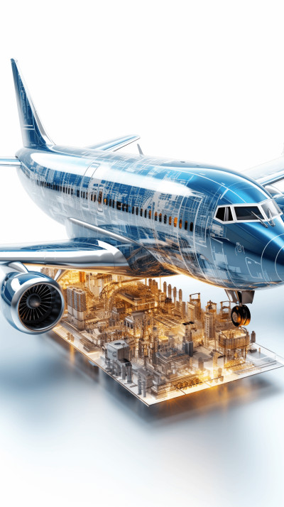 A transparent airplane with the city inside, white background, technical illustration style, blue and gold colors, 3D rendering, high resolution, high detail, high quality, high definition, high resolution, hyper realistic, hyper detailed, hyper realism, sharp focus, sharp details, super resolution, octane render, 8 k, volumetric light, global illumination, global lighting, volumetric, cinematic