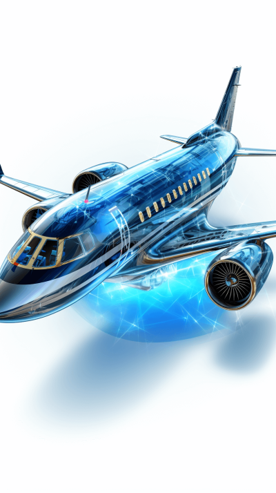 3D render of an airplane, blue hologram style with transparent background, futuristic design, sleek lines and metallic textures, high resolution, white background, digital art in the style of Maciej Kuciara, high definition.