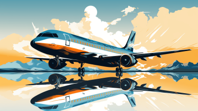 vector illustration of an airplane taking off, retro poster style with orange and blue colors, detailed texture on the plane body, reflection in water below, sky background with clouds,