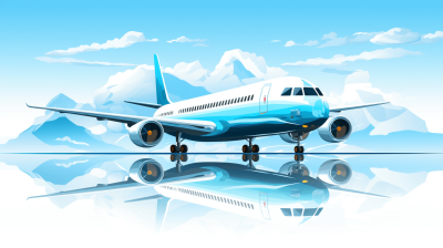 Vector illustration of an airplane in blue and white colors, with a sky background containing mountain reflections, in the style of a cartoon.