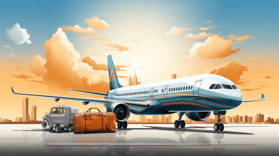 A vector illustration of an airplane with luggage and truck next to it, city background, blue sky, orange clouds, daylight, warm colors, high resolution, high details, sharp focus