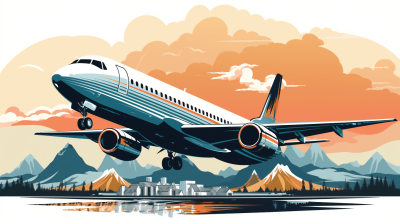 A vector illustration of an airplane taking off, set against the backdrop of mountains and forests, with a city in front of it. The colors used for each element should be soft pastel shades of blue or orange to create contrast between them. Use clean lines and flat design techniques to capture simplicity while maintaining clarity. This artwork is designed as a print on paper, focusing more than any other media. It's perfect for travel posters or postcards designs.