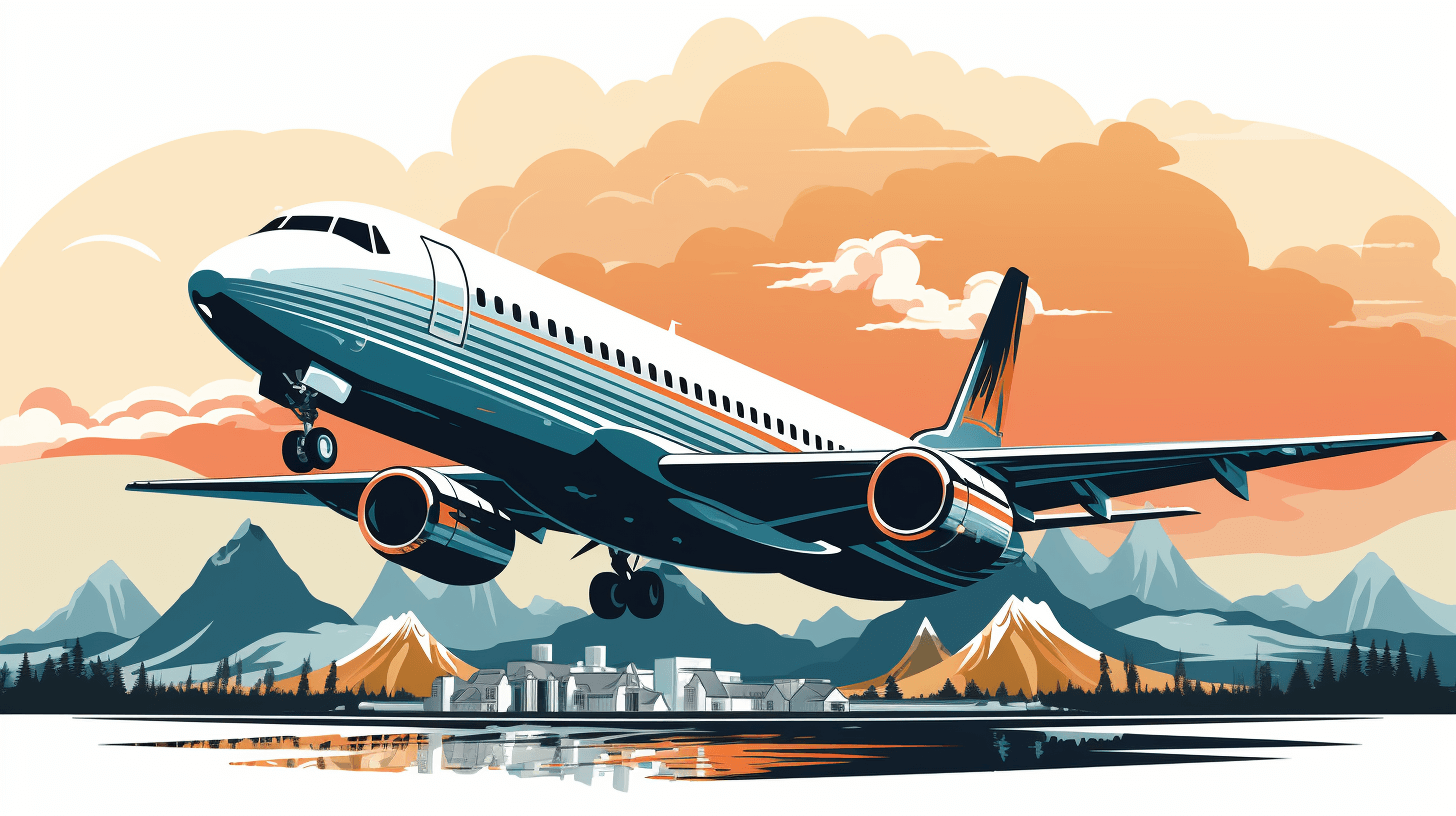 A vector illustration of an airplane taking off, set against the backdrop of mountains and forests, with a city in front of it. The colors used for each element should be soft pastel shades of blue or orange to create contrast between them. Use clean lines and flat design techniques to capture simplicity while maintaining clarity. This artwork is designed as a print on paper, focusing more than any other media. It’s perfect for travel posters or postcards designs.