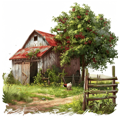 A rustic barn with a red roof, surrounded by lush greenery and an apple tree full of ripe apples, with chickens pecking at the ground nearby on a white background, a digital painting in the style of ArtStation.