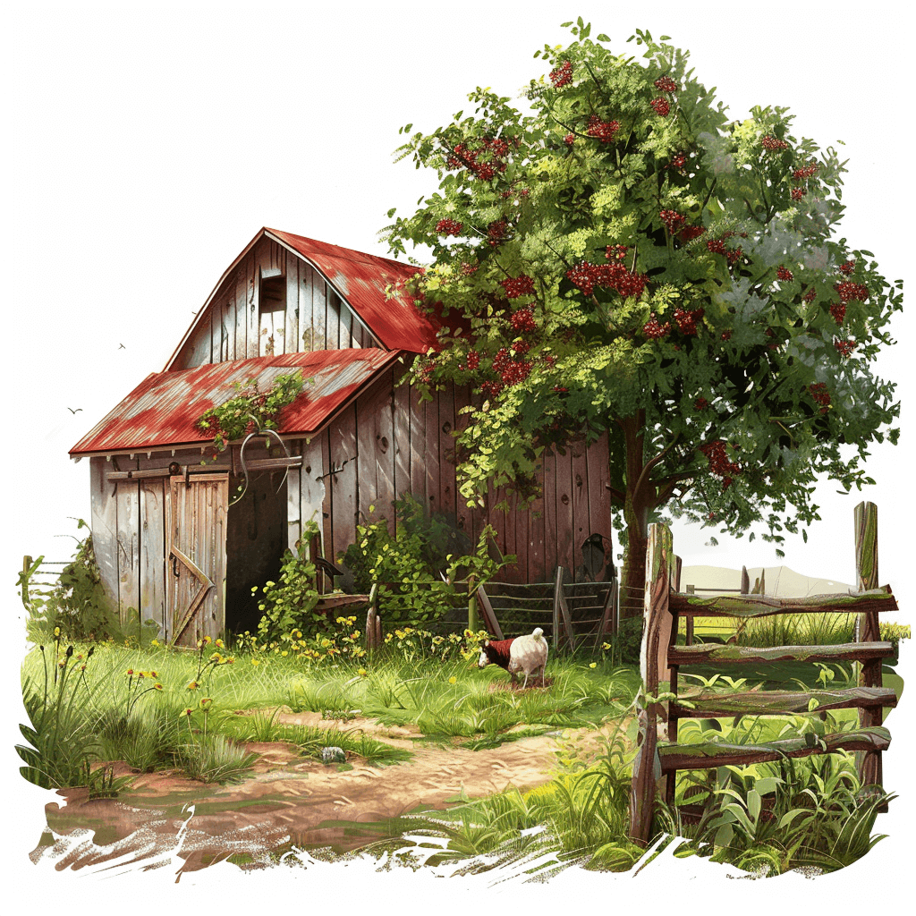 A rustic barn with a red roof, surrounded by lush greenery and an apple tree full of ripe apples, with chickens pecking at the ground nearby on a white background, a digital painting in the style of ArtStation.