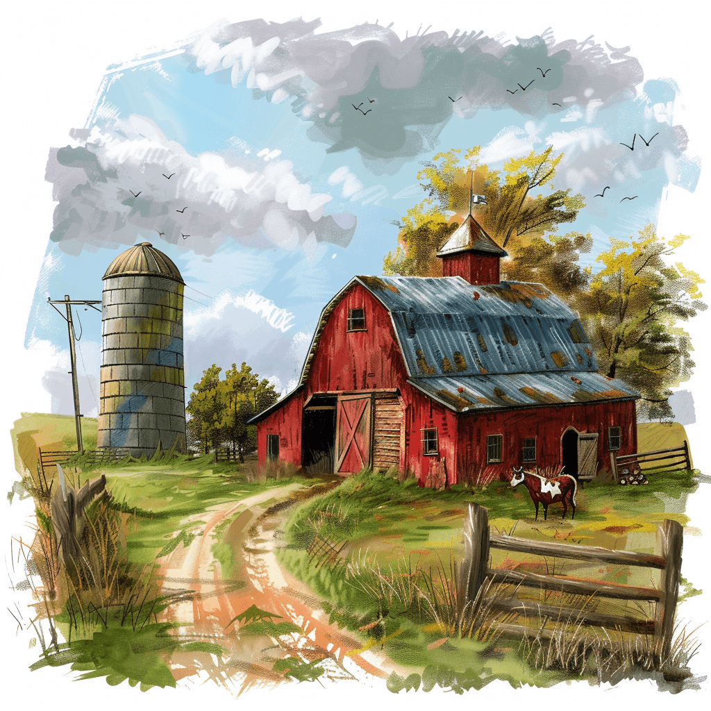 digital art of an old red barn and silo on a farm with cows in the background, a dirt road leading up to it, a fence around it, detailed brush strokes, watercolor, hand drawn elements, muted colors, low color saturation, simple illustration style, colorful illustrations, digital airbrushing, paint dripping effect in the style of watercolor.