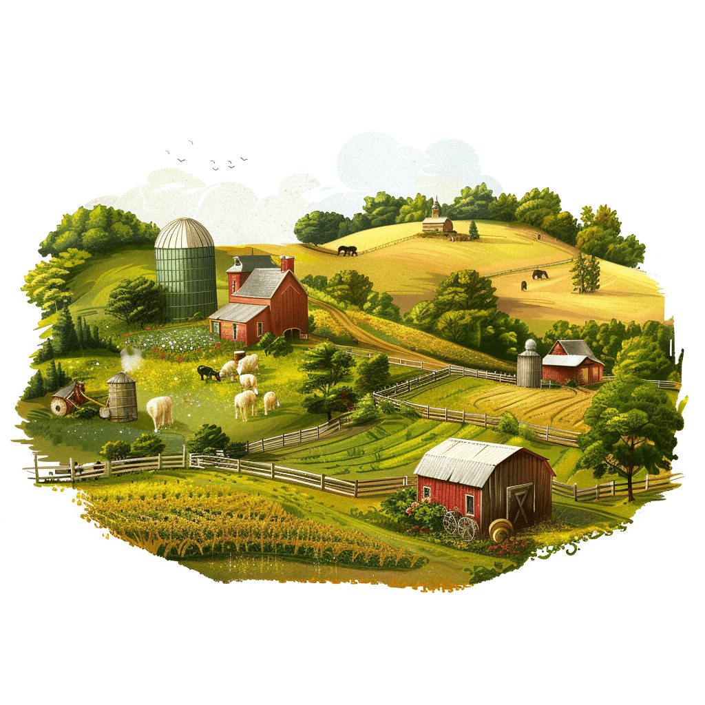 A detailed illustration of an idyllic farm scene with rolling hills, lush greenery, and various farmland elements like barns, silos, pastures, animals, fields, and a clear sky. The artwork should capture the essence of rural life on a white background, emphasizing vibrant colors to highlight different agricultural features. This design would be suitable for use in graphic or print applications, showcasing the beauty of rustic countryside landscape. The background should be isolated and white.