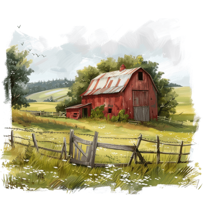 digital art of a red barn on a farm, with a white background, green fields and a fence around the scene, with brush strokes in the style of digital painting, concept design sheet