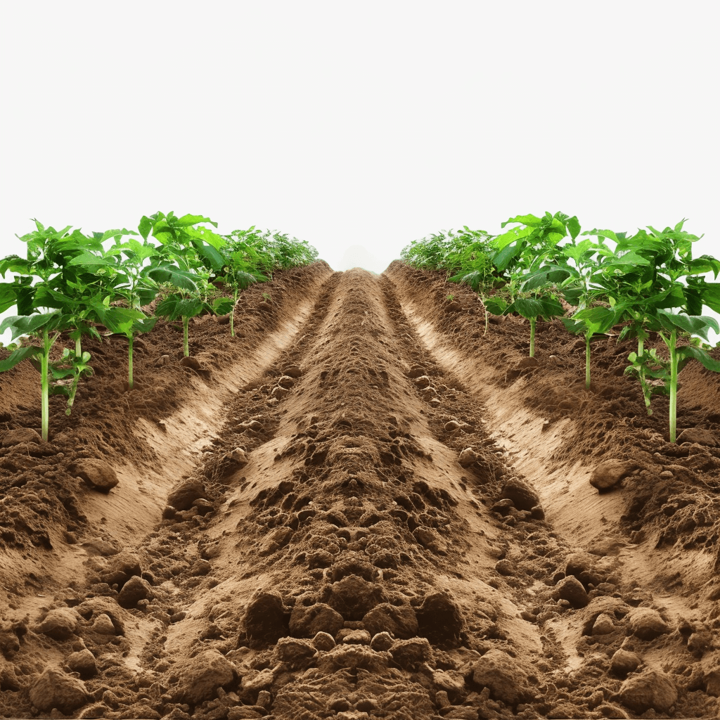 agric IMAGshopping background of two rows potato plantations on the horizon, dirt with white background, white sky, perspective from below