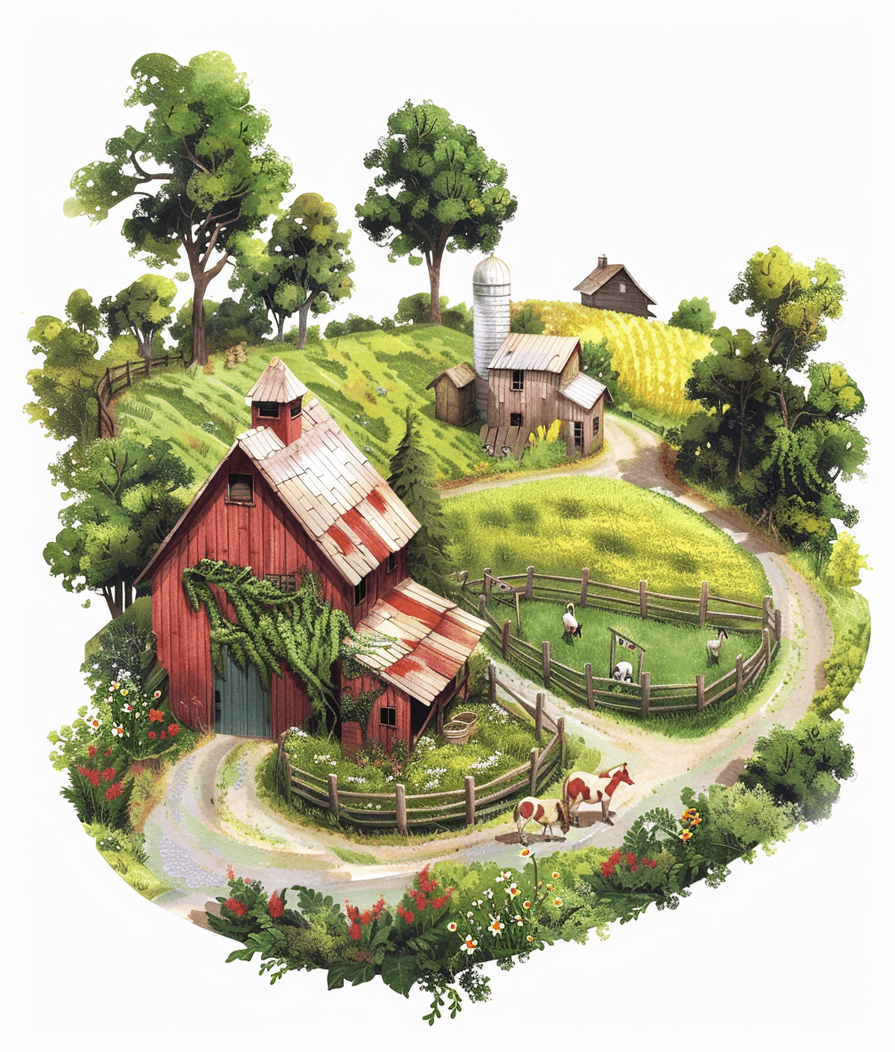 A detailed illustration of an old farm with a barn, animals and fields. The road leading to it is in the style of storybook illustrations, with circular shapes, soft gradients, and a cottagecore watercolor style isolated on a white background.