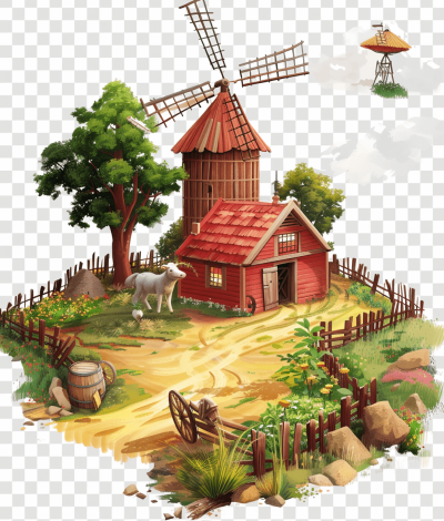 A farm with a windmill, in the style of cartoon style, casual game art, with a transparent background, and a bright color palette, including a farm house, barn, horse stable, cart and wheels, green grass, brown wooden fence, the farm house has a red roof on the mill, a green tree nearby, a yellow path leading to it, a white animal near some trees. The picture should have soft edges and be in high resolution.