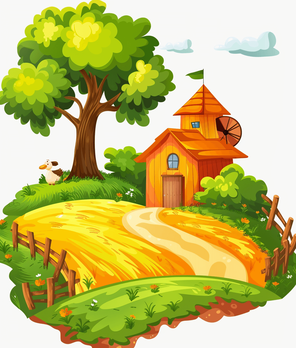 agriculture, farm house with windmill and tree in the background, cartoon style, yellow grass road, white backgroun, png transparent vector file of clipart