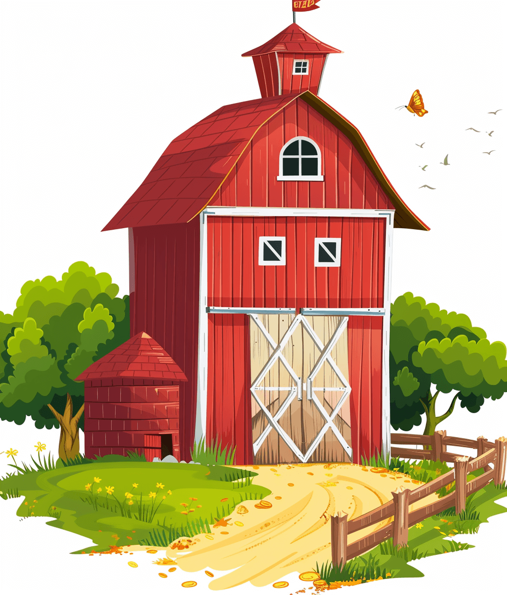 A red barn on a farm, illustrated in the cartoon style with a white background. Vector graphics. In the foreground is an empty dirt road leading to it. There is also a silo and fence nearby. The roof of the barn has two small windows at its top, while below there are wooden double doors and large white locks surrounding them. A butterfly can be seen flying around near one edge of the building. At the right side behind a green tree. It was drawn in the digital art style.