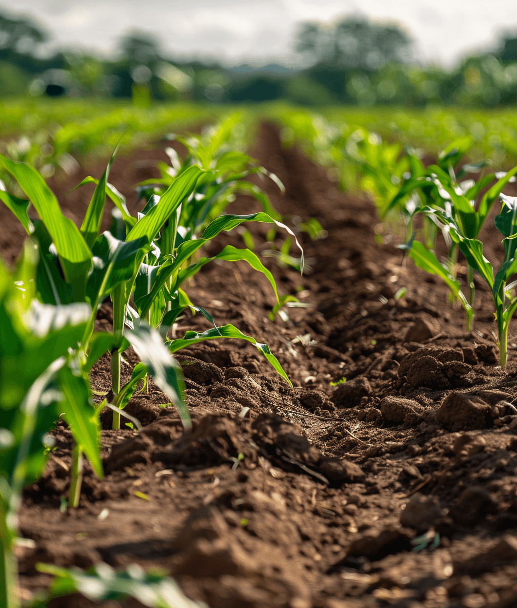 A photo of a corn field with young green leaves growing in the ground, focused on the plants and dirt. The photo is in the style of a realistic landscape painting.