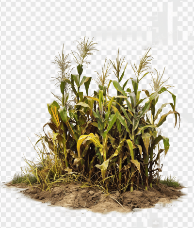 photorealistic corn plant in the ground with transparent background