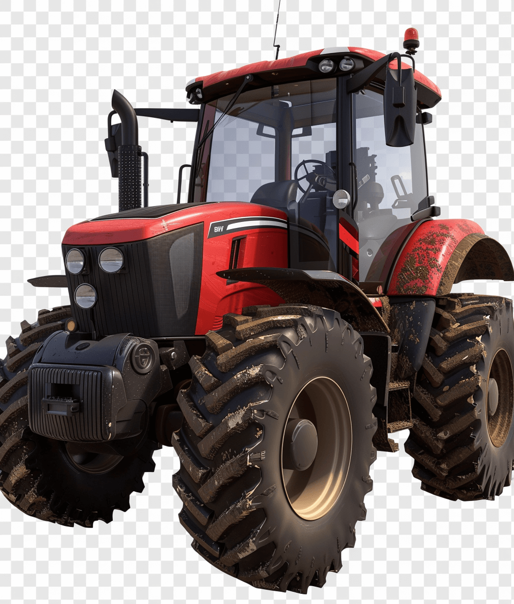 A red tractor with large wheels shown from the front view on a transparent background in PNG format as a game asset. The tractor has no shadow on the ground and is depicted in high resolution with high detail and quality in the style of an ultra realistic depiction.