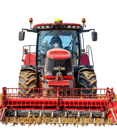 front view of red tractor with harvester working on white background, detailed photograph in the style of national geographic photo, isolated on white background, hyper realistic photography award winning, ultra high resolution