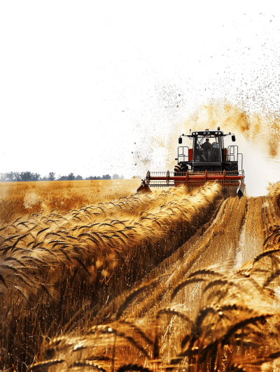 A golden wheat field, with the focus on an open red and black harvester working in it. The tractor is surrounded by large grain splashes, creating a powerful visual effect. White background, wide-angle lens, high contrast, bright colors, strong perspective, natural light, sharp details, and intense movements. in the style of an impressionist painter.