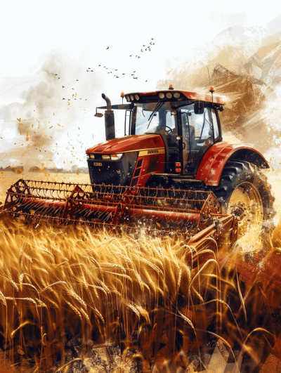 A red tractor in the middle of an autumn wheat field, harvesters and flails working on it, digital painting in the style of watercolor, white background, brush strokes, painterly, warm colors, high resolution, high quality, high detail, hyper realistic.