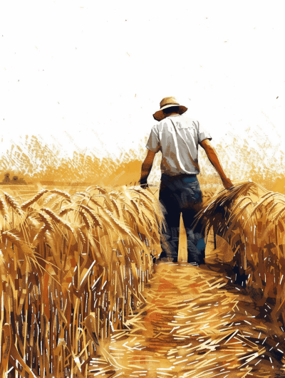 A farmer is walking through a wheat field in the style of a digital art style with a white background and brush strokes using warm colors in a high resolution professional illustration with detailed colors and no black lines or shadows in a zoomed out view.