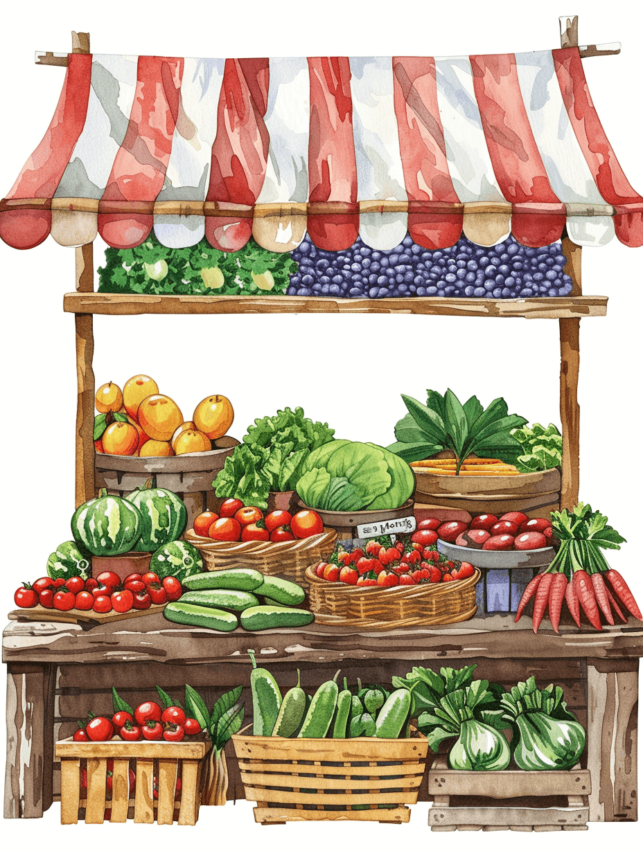 A watercolor clipart of an american market stand with fresh produce, white background, vector art style, no text in the picture,