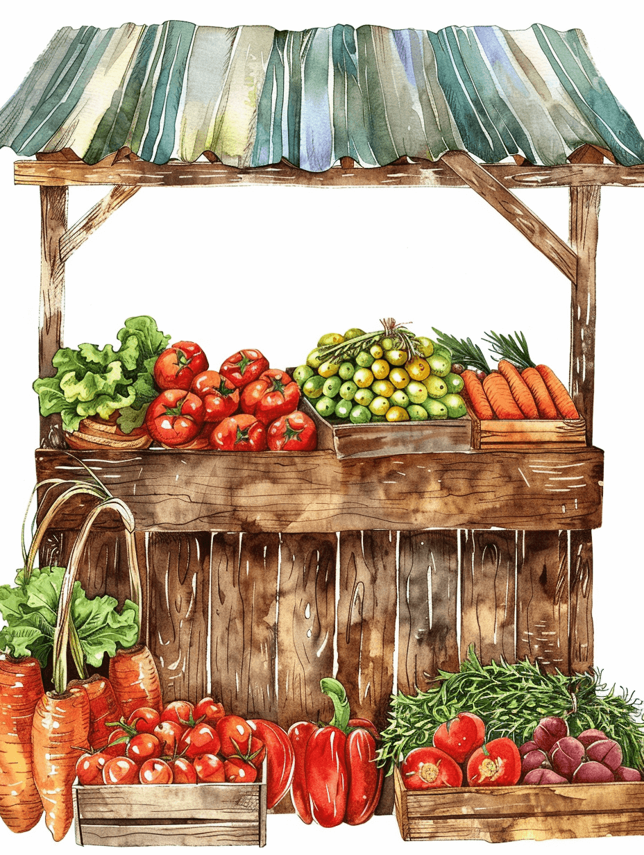 Watercolor Clipart, White background, ultra detailed, hyper realistic A rustic wooden market stall with fresh produce like tomatoes and carrots., beige color palette