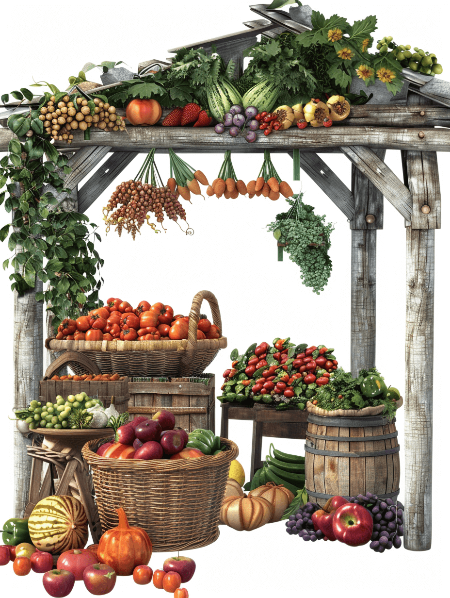 An ultrarealistic, high-resolution illustration of a farm stand with vegetables and fruits on a white background. The scene should include baskets full of tomatoes, carrots, beets, green beans, oranges, lemons, avocados, apples, and pears, stockings hanging from the roof, bar tops covered in wood planks, and bales of hay underneath for seating. This is a very detailed image with high resolution. It must convey realism and depth to capture attention in the style of a realistic painter.