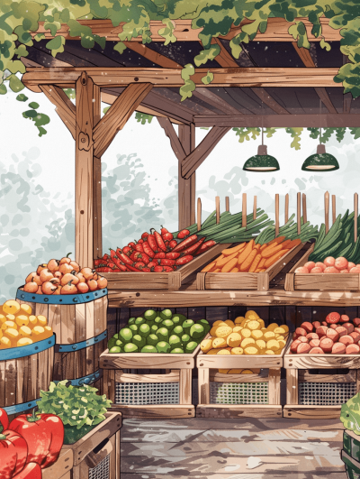 Illustration of an outdoor market stall with fresh vegetables and fruits, in a clip art style, vector illustration, with a watercolor style, flat design, highly detailed, using pastel colors, with a cottagecore aesthetic, on a neutral background, without shadows in the picture, at a high resolution, high definition, high quality, high detail, in the style of hyperrealism, in the style of hyperdetail, in the style of hyperrealism, in the style of hyperphotorealism, with hyperfine details, appearing hypersharp, super sharp, superresolution, super chromatic.