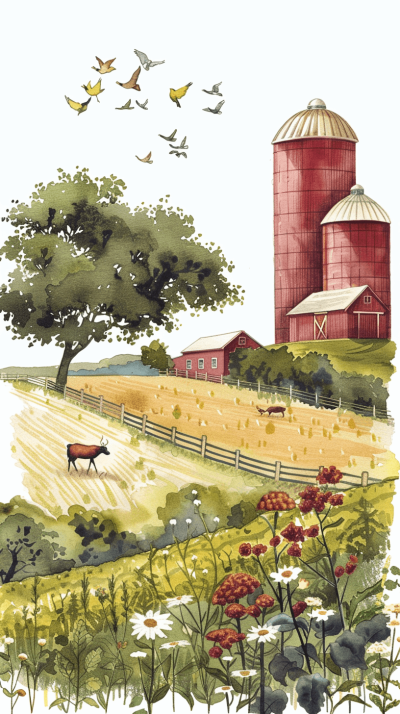 A watercolor illustration of an American farm with a red barn, silo and cows grazing in the field with wildflowers and birds flying around in the style of an American scene.