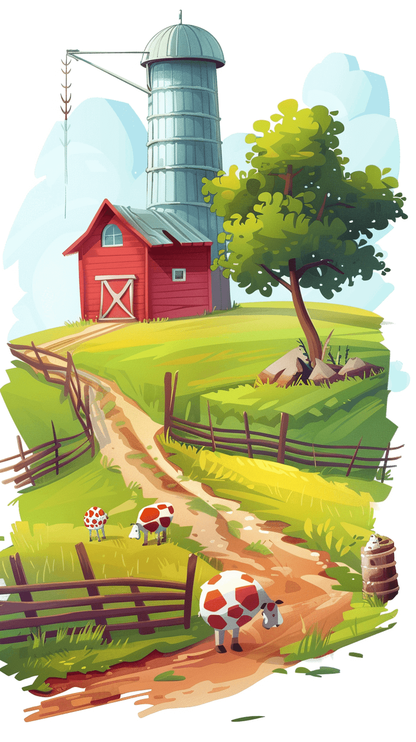 Illustration of a farm with a red barn, silo and fence in the style of a cartoon with a cow grazing on grass near the road, green fields on a sunny day with bright colors, high resolution, high detail digital art.