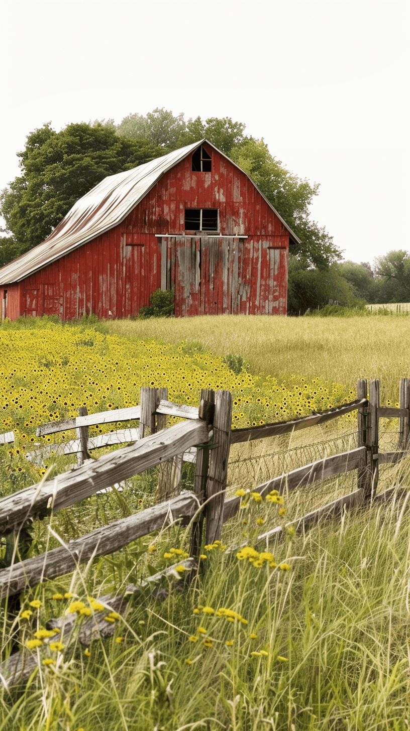 A red barn in the background, surrounded in the style of yellow wildflowers and tall grasses on an old wooden fence.