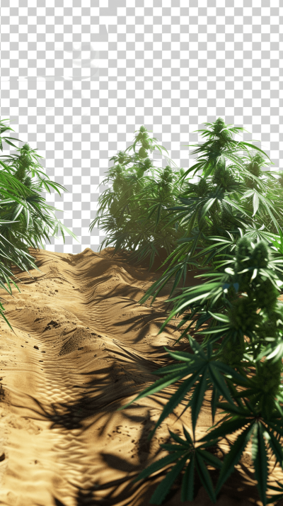 cannabis plants growing in the desert, sand dunes, transparent background, ultra realistic, hyper detailed, unreal engine