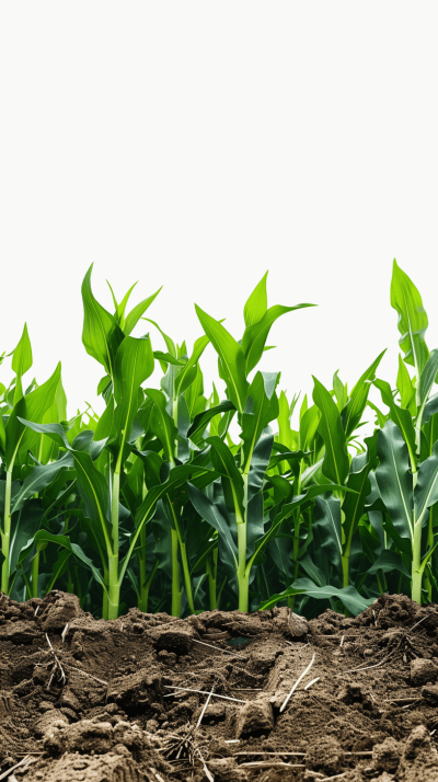 In the foreground, corn plants are growing in rich soil against a white background in the style of png style with no shadow, in an ultra realistic photographic style.