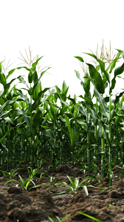 A realistic photo of corn plants in the field, white background, high resolution, Canon EOS