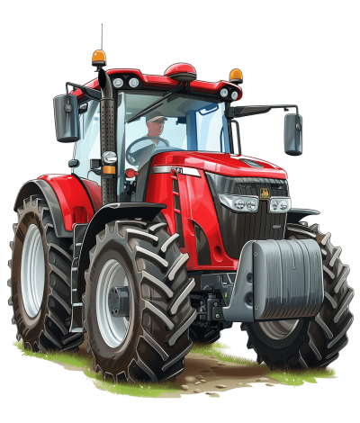 agricultural tractor, vector illustration for kids book, cartoon style, white background, side view, full body shot, red color with black elements, high resolution, high details, high quality, high sharpness, in the style of hyper realistic