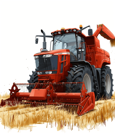 Generate an illustration of the harvester working in a wheat field, with a red color combination, high detail, white background, in the style of 2D game art, using digital painting and drawing techniques, for a realistic illustration with watercolor brushstrokes, as an ultrahigh definition, high resolution, high quality image.