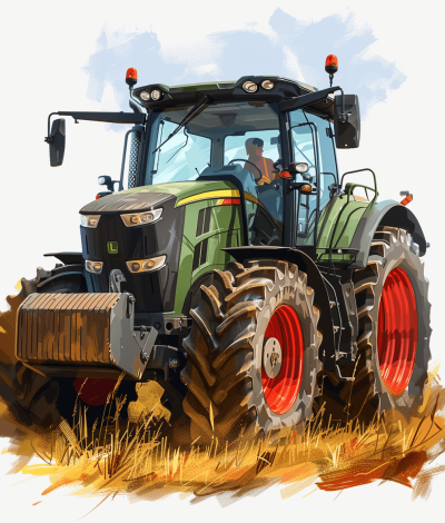 A tractor in the field, the driver sitting on it, in the style of illustration, vector graphics, watercolor, very detailed, digital art, high resolution, very realistic, sharp details.