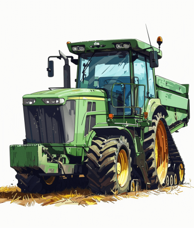 digital illustration of a john deere tractor, in a vector art style, with hand drawn design elements, on a white background, using a green and yellow color palette, with high contrast