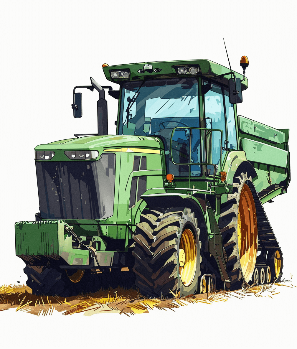 digital illustration of a john deere tractor, in a vector art style, with hand drawn design elements, on a white background, using a green and yellow color palette, with high contrast