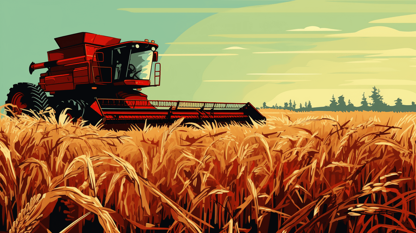 A red harvester working in the wheat field, flat design illustration in the style of retro poster art, vector graphic in a flat style with simple details, bold lines and solid colors, high contrast shadows, bright natural light, high resolution, high quality, high detail.