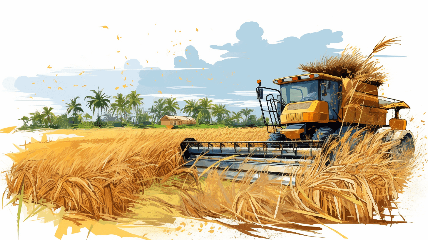 Vector illustration of a harvester working in a rice field against a white background, with high resolution vector details. The illustration is in the watercolor art style with intricate yellow, orange and green palm trees and hyper realistic white clouds against a clear sky with the sun shining down on the rice fields. A yellow combine machine is harvesting rice.