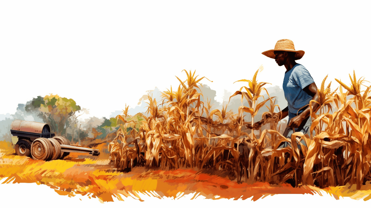 A digital painting of an African farmer plowing the field with his cart, surrounded by tall corn stalks on a white background, in the vector illustration style, with a flat design, high resolution, clean lines, vector art, highly detailed, high quality, professional lighting.