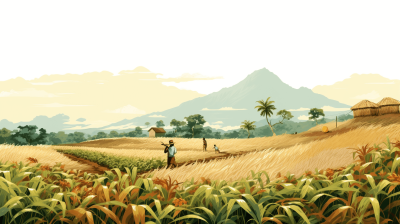 A picturesque illustration of the lush cornfield in Madagascar, with farmers tending to their crops and distant mountains creating an atmosphere of tranquility. The vibrant colors capture nature's beauty while showcasing traditional life scenes. This vector art piece is rendered in digital medium using Adobe Illustrator software, offering a detailed view that highlights both the serene landscape and local culture. The artwork focuses on the farmers' faces.