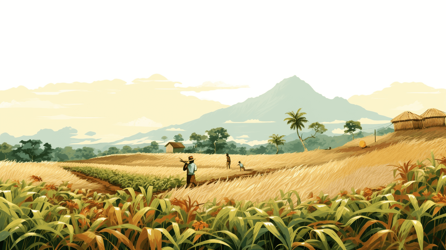 A picturesque illustration of the lush cornfield in Madagascar, with farmers tending to their crops and distant mountains creating an atmosphere of tranquility. The vibrant colors capture nature’s beauty while showcasing traditional life scenes. This vector art piece is rendered in digital medium using Adobe Illustrator software, offering a detailed view that highlights both the serene landscape and local culture. The artwork focuses on the farmers’ faces.