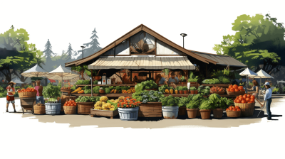 A farm stand with fresh produce and people, in an illustrative style, on a white background, concept art in the style of Pixar studio.