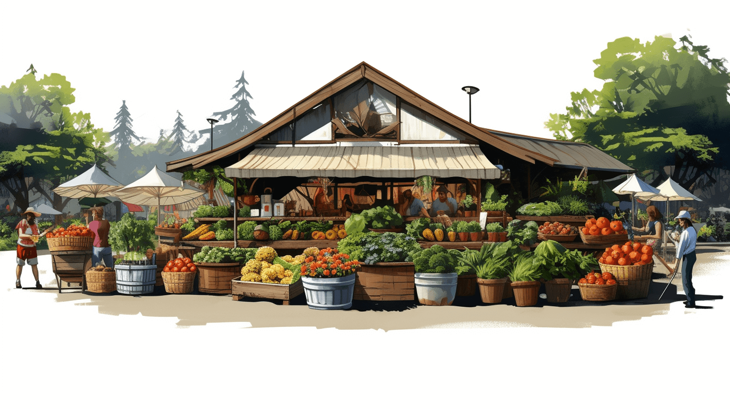 A farm stand with fresh produce and people, in an illustrative style, on a white background, concept art in the style of Pixar studio.